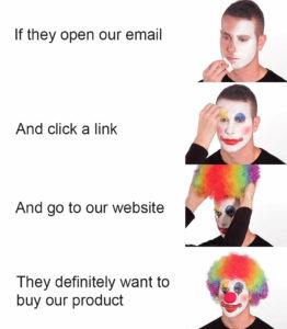 Clown meme template - if they open our email and click a link and visit our website, they definitely want to buy our product