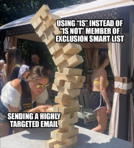 Jenga Collapse meme template - Using is instead of is not member of exclusion smart list