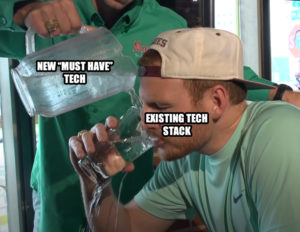Overflowing Water meme template - must have tech versus the existing tech stack