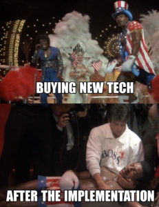 Rocky Dancing Dying meme template - Buying new tech and then the implementation