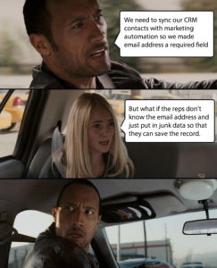 The Rock Driving meme template - We need to add emails in CRM so they sync with marketing automation, but that just encourages bad data