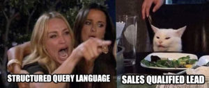 Woman Yelling At Cat meme template - structured query language vs sales qualified lead