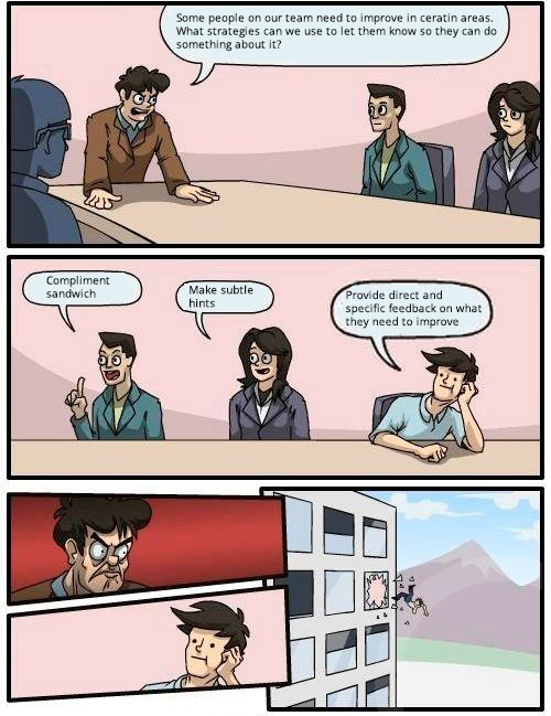 Boardroom Meeting Suggestion meme template - Provide direct and specific feedback on what they need to improve